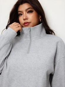 Enliva Plus-Size Women's Loose-Fitting Half-Zip Vent Pullover SweatshirApple,Rounded Body - Grey - View 7