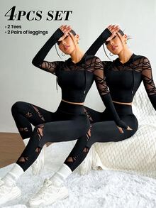 SHEIN Velisys Women's Patchwork Geometric Mesh Drawstring Hooded Top And Leggings Sports Set - Black - View 1