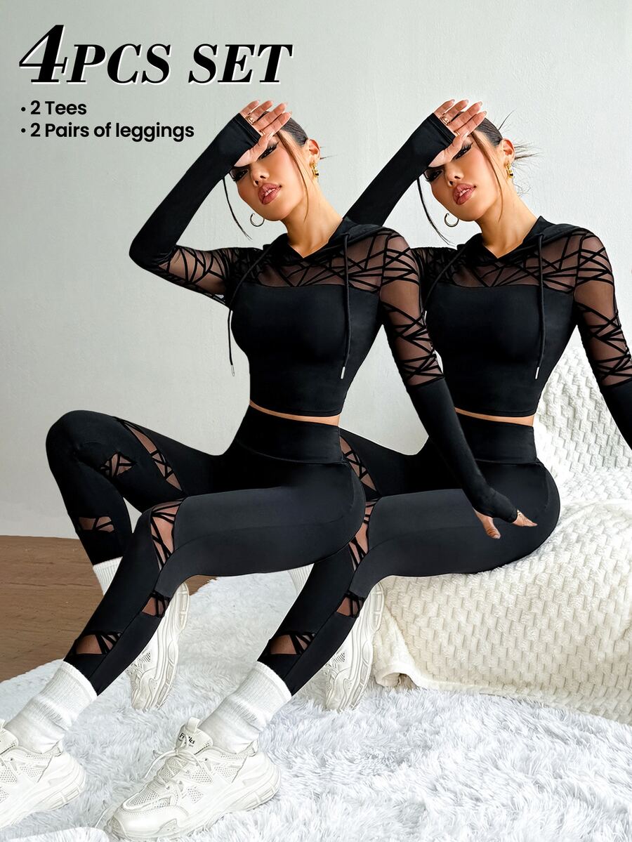 SHEIN Velisys Women's Patchwork Geometric Mesh Drawstring Hooded Top And Leggings Sports Set - Black - View 1