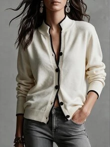Omancia Chic Contrast Binding V Neck Knit Cardigan, Women Long Sleeve Button Down Elegant Slim Fit Fall Sweater - Apricot - View 6