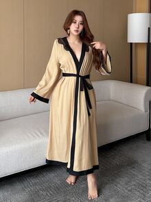Dazy Plus Contrast Lace Tie Loose Elegant Loungewear Robe - Yellow - View 7