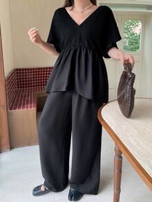 Dazy Plus Plus Size Women Solid Color Casual Street Vacation Spring Autumn V-Neck Short Sleeve Top And Pants 2 Pieces Set - Black - View 2