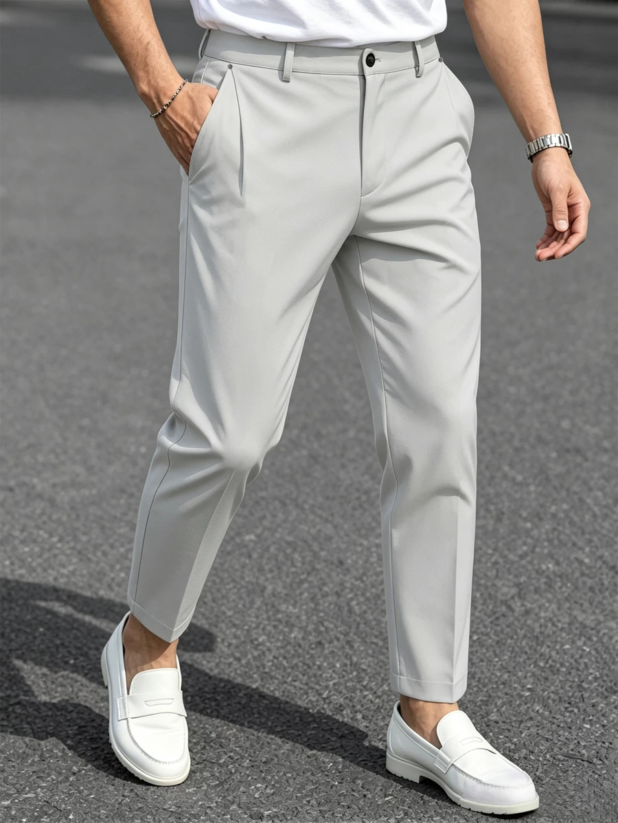 Manfinity Mode Black Business Dress Trousers, Slim Fit, Men's Black Dress Trousers, Suitable For Formal Occasions. - Light Grey - View 1