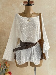 Soleia Plus Size Long Sleeve Asymmetrical Shoulder Knit Jacquard Loose Fit Slit Top Fall - White - View 3