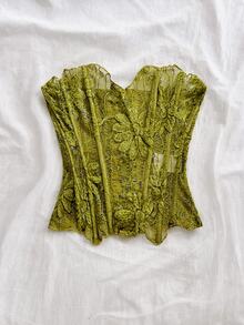 Soleia Plus Size Green Lace Bustier Top For Vacation - Green - View 3