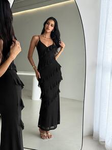 Aloruh Women's Spring/Summer Bohemian Ruffle Trim Slim Fit Dress - Black - View 7