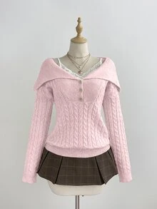 Elamini Sweater Pullover Rajut Klasik Setengah Terbuka Depan, Warna Putih, Kasual, Serbaguna untuk Perjalanan Sehari-hari, Musim Gugur/Dingin - Berwarna merah muda - View 4