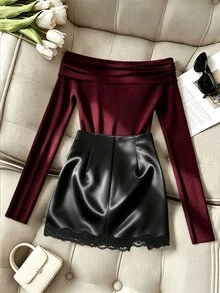 RosyDaze Fall Back To School Teacher Outfit 2 Pieces Set, Burgundy Off Shoulder Ribbed Long Sleeve Top & Ruched Lace Trim Satin Mini Skirt, Elegant Fall Winter - Burgundy - View 2