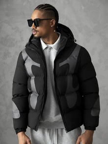 SLATEMANN Men's Colorblock Long Sleeve Zip-Up Casual Hooded Winter Jacket - Black - View 4