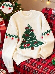 SHEIN Franclia Suéter de punto de cuello redondo con patrón de árbol de Navidad para mujer, decoración de pompones, manga larga, estilo pullover para otoño e invierno - Multicolor - Ver 1