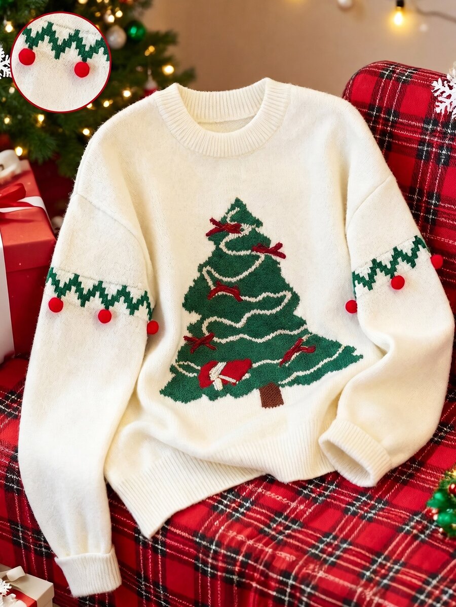 SHEIN Franclia Suéter de punto de cuello redondo con patrón de árbol de Navidad para mujer, decoración de pompones, manga larga, estilo pullover para otoño e invierno - Multicolor - Ver 1