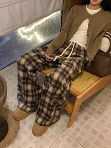 DAZY Women's Plaid Loose Casual Korean Style Long Pants - Coffee Brown - View 5