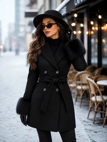 Editum Women's Solid Color Lapel Neck Long Sleeve Double-Breasted Elegant Overcoat - Black - View 1