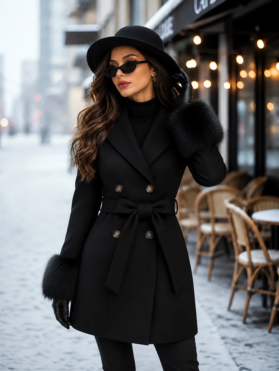 Editum Women's Solid Color Lapel Neck Long Sleeve Double-Breasted Elegant Overcoat - Black - View 1