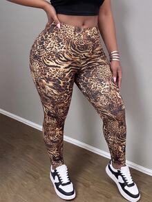 Slaydiva Plus Size Women Zebra & Leopard Print High Waist Casual Leggings - Brown - View 8