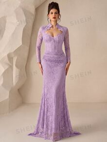 Coutiva 女款蕾絲長款正式晚禮服（精緻設計） - 淡紫色 - 查看 1