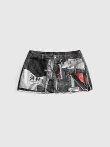 ROMWE Avant Plus Size Women's Y2K Millennium Patchwork Ultra Short Denim Shorts - Black - View 1