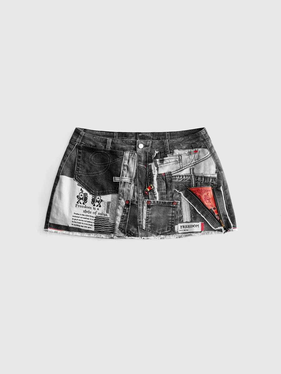 ROMWE Avant Plus Size Women's Y2K Millennium Patchwork Ultra Short Denim Shorts - Black - View 1