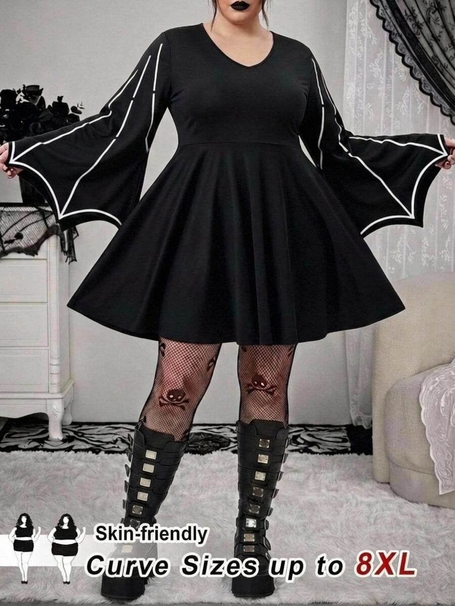 SHEIN CURVE+ Plus Size Women's Halloween Pattern Dress - Black - View 1