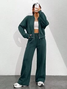 StreetHx 女款時尚長袖拉鍊夾克與抽繩腰長褲兩件套 - 墨綠色 - 查看 4