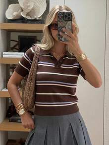 DAZY Women's Striped Fitted Casual Short Sleeve Knit Top - Brown - View 5
