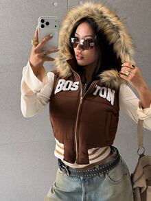 EgrlEra Maillard Style Boston Towel Embroidery Fur Collar Hooded Short Vest Retro Contrast Color Striped Hem Sleeveless Jacket - Brown - View 5