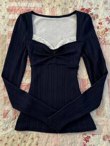 IslaSuriya Autumn French Style 2 In 1 Lace Trim Square Neck T-Shirt - Blue - View 3