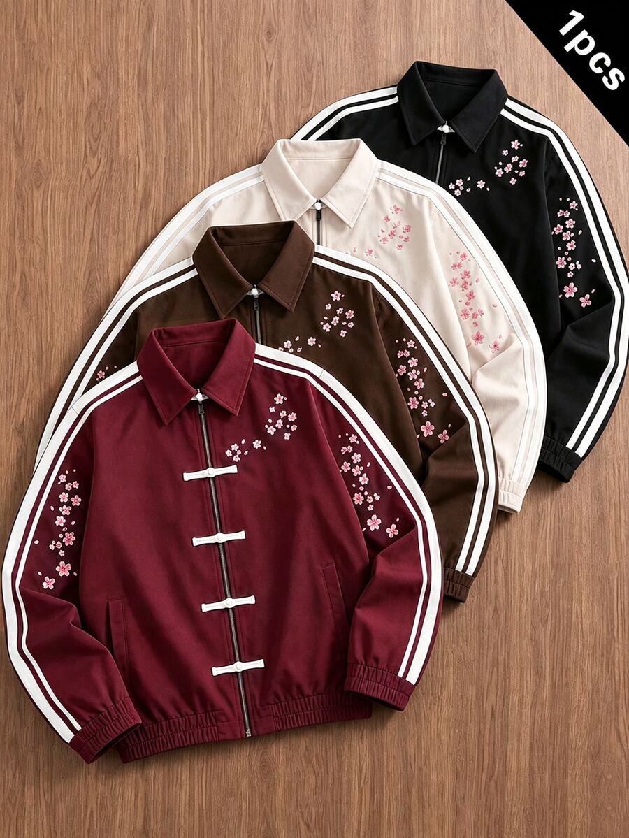 Manfinity Hypemode Men's Japanese-Chinese Style Sports Jacket, Japanese Cherry Blossom Chinese Frog Button Striped, Oriental Charm, Streetwear, Daily Commute - Burgundy - View 1