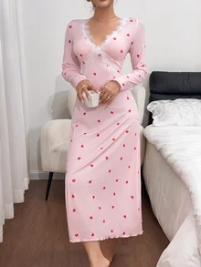 Napfluff Sweet Heart Print Gentle Style Lace Patchwork Backless Tie Long Sleeve Long Nightgown For Women - Pink - View 4