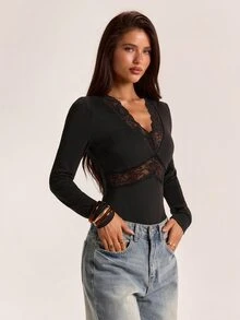 SHEIN BAE Fall Black Lace Patchwork Deep V Neck Backless Sexy Slim Fit Long Sleeve Inner Shirt Halloween Party Date Night Going Out - Black - View 5
