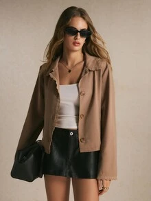 Poéselle Women's Khaki Lace Trim Cropped Jacket, Comfortable Button Front Collared Coat With Pockets, Vintage Coquette Fall Outerwear - Khaki - View 3