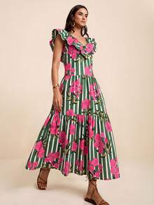LOTSLUV Women's Spring/Summer Vacation V-Neck Structured Ruffle Embroidered Cinched Waist Ruched Blue Striped And Pink Floral Placement Print Dress - Green - View 4