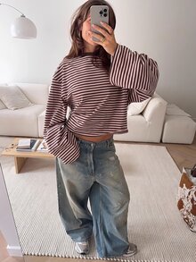 SHEIN EZwear Overseas 大尺碼長袖條紋圓領T恤，秋季上衣，適合日常通勤、聚會、秋冬春夏、聖誕節、新年、感恩節、派對、婚禮、海灘、畢業典禮、優雅、外出、約會、通勤、情人節、優雅、度假、Y2K、畢業典禮等場合 - 彩色 - 查看 6