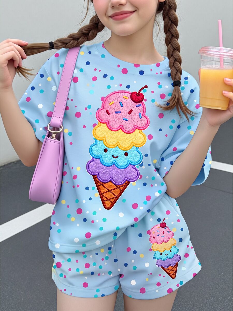 女童少女休閒簡約可愛夏季奶油色圖案紮染甜美度假風圓領上衣 - 彩色 - 查看 1