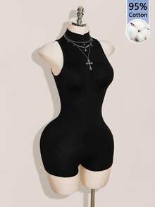 SHEIN ICON Women's Stand Collar Back Patchwork Chinese Dragon Mesh Sleeveless Fitted Romper Unitard - Black - View 7