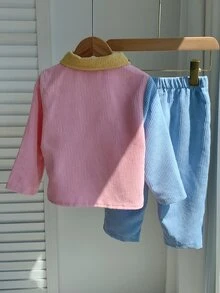 2pcs Baby Boy & Girl Toddler Autumn/Winter Colorblock Corduroy Long Sleeve Shirt & Elastic Waist Pants Set, Versatile & Comfortable - Multicolor - View 2