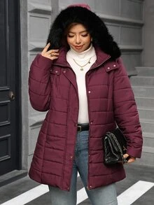 SHEIN Clasi 大尺碼女款純色休閒百搭冬季連帽填充外套 - 酒紅色 - 查看 3