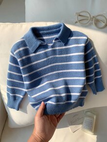 SHEIN 男嬰彩色條紋圓領長袖套頭毛衣，百搭舒適 - 藍色 - 查看 5