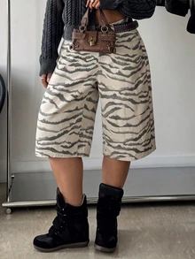 Muchica Plus Size Zebra Print Button Shorts - Khaki - View 4
