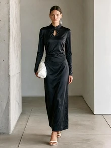 SHEIN Autumn New Chinese Satin Frog Button Cutout Ruched Split Midi Dress Vibe Fall Chinese Frog Button Side Ruched Back Split Party Dress - Black - View 1