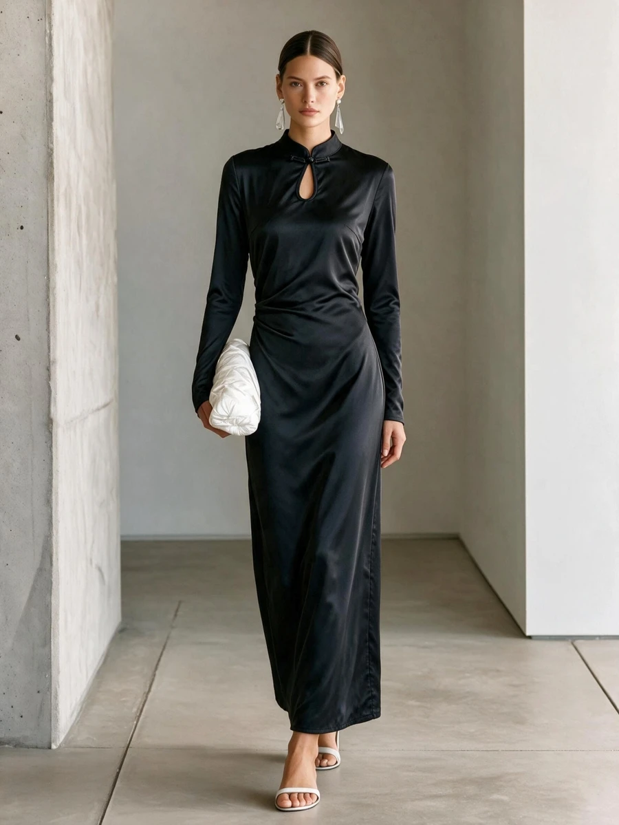 SHEIN Autumn New Chinese Satin Frog Button Cutout Ruched Split Midi Dress Vibe Fall Chinese Frog Button Side Ruched Back Split Party Dress - Black - View 1
