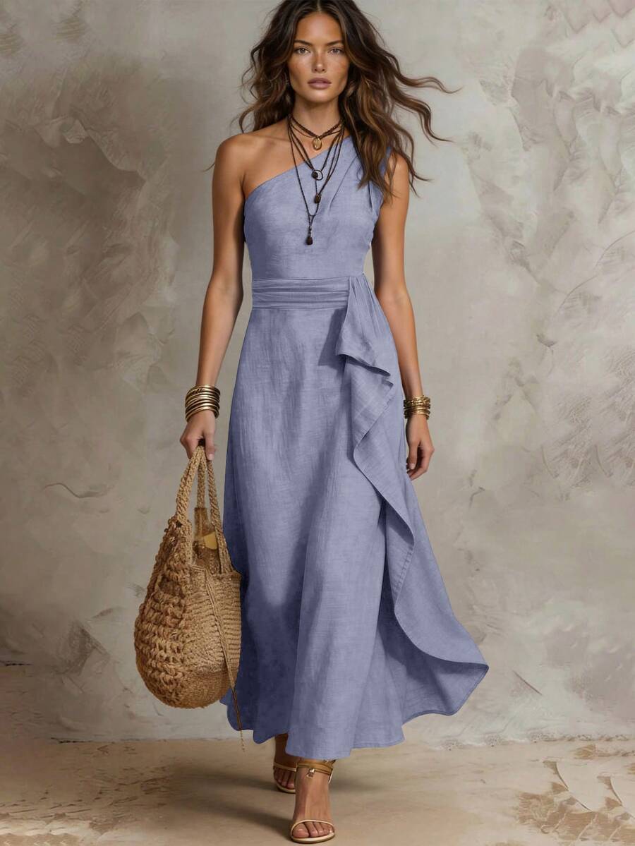 Solivie Women's Solid Color One-Shoulder Ruffle Casual Party Long Dress - Dusty Purple - View 1