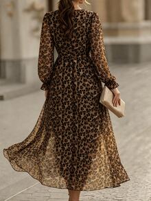 Velvienne Plus Size Brown Leopard Print Sheer Chiffon Slimming Waist-Cinching Elegant Long Dress - Brown - View 2
