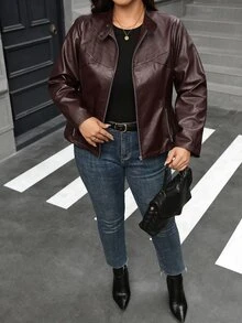 Reflora Plus Size Fashion Streetwear Zipper Long Sleeve PU Material Jacket - Brown - View 1