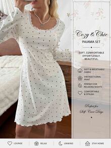 CottageSlumber Women's Lace Trim Fashion Minimalist Heart Print Long Sleeve Nightgown - Beige - View 4