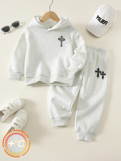 SHEIN キッズ 男の子用 柄ニット ソフト クルーネック 長袖 プルオーバー スウェットシャツ & ウエストゴム ロングパンツ 2点セット 秋用 万能で快適