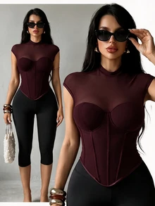 SHEIN SXY Burgundy Sexy Mesh Cup Sheer Top Club Night Out Party Summer - Red Violet - View 8