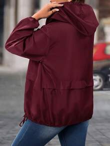 EMERY ROSE Plus Size Women's Solid Color Long Sleeve Zip-Up Casual Hooded Jacket - Burgundy - View 2