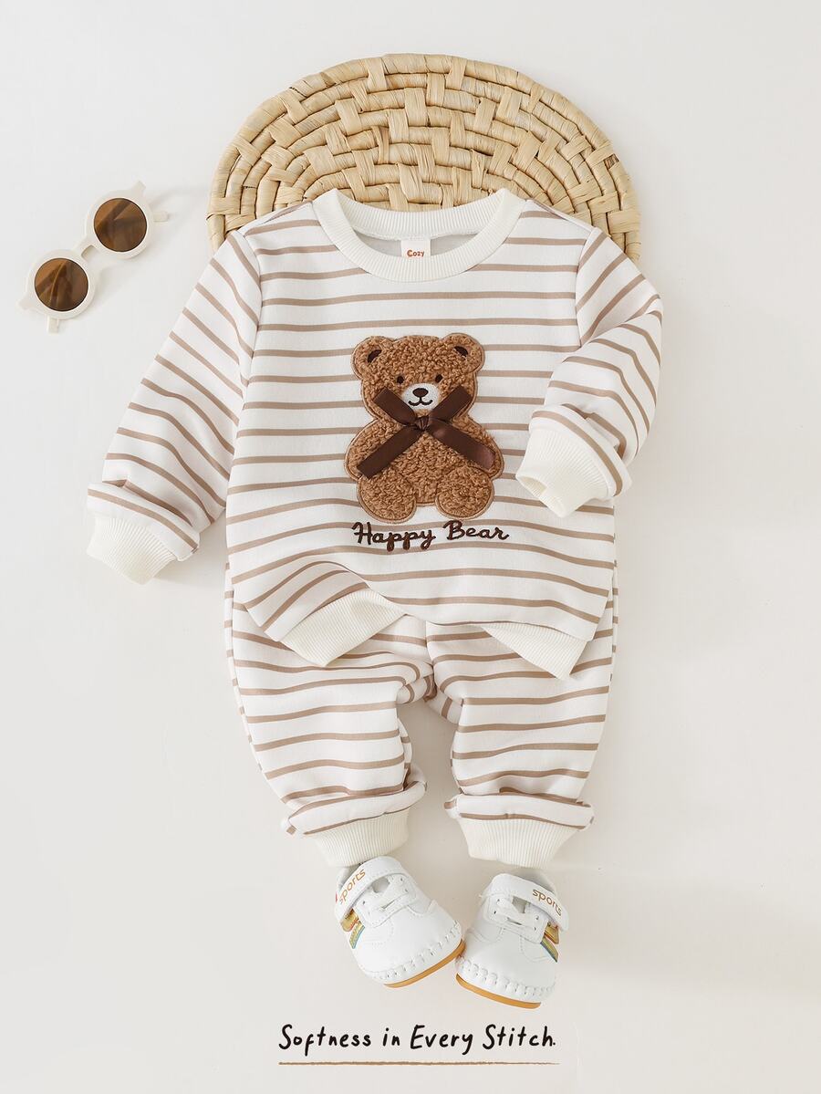 Cozy Pixies Baby Boy Knitted Striped Crew Neck Bear Embroidery Pattern Loose Casual Sweatshirt And Long Pants 2 Pieces Set, Suitable For Autumn And Winter - Multicolor - View 1
