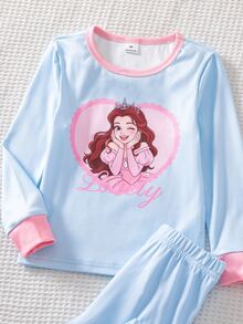 SHEIN 【隨機6款，1套發貨】女童幼兒居家睡衣套裝，長袖長褲，兔子愛心蝴蝶結波點花朵卡通印花，四季適用，居家或戶外玩耍，柔軟親膚貼身 - 彩色 - 查看 7